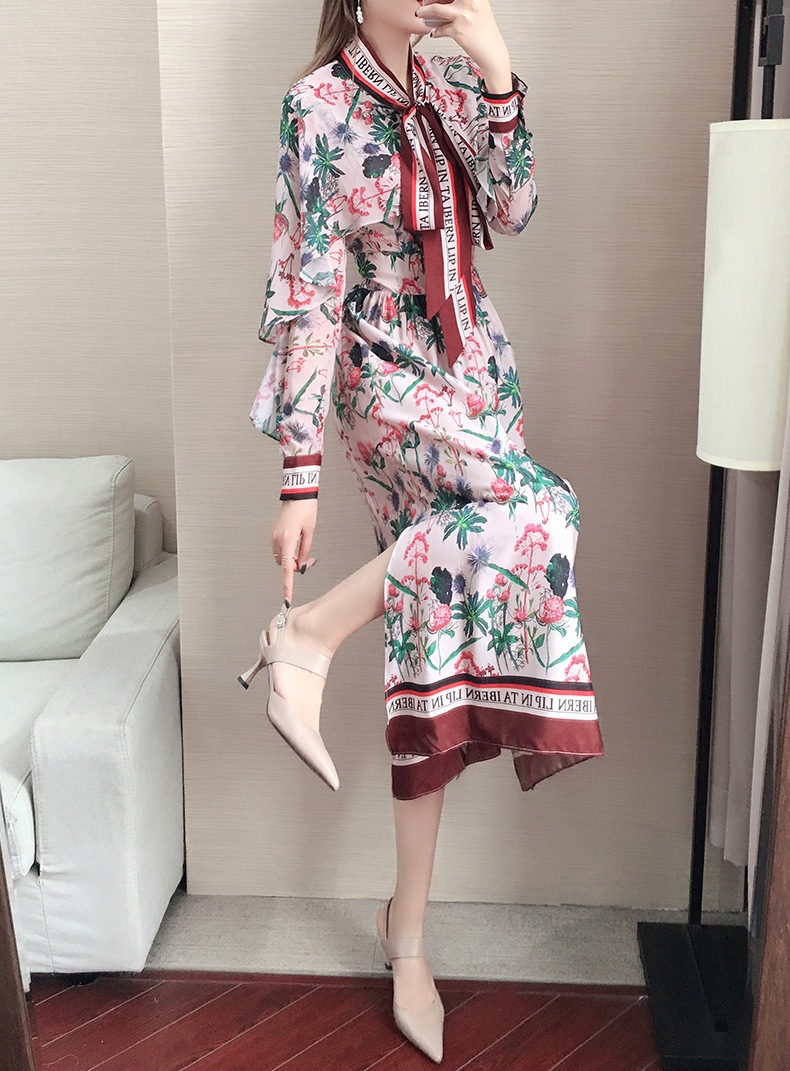 レトロスカーフ 英字プリント 花柄シフォン ロングワンピース 3色 OHCA0065