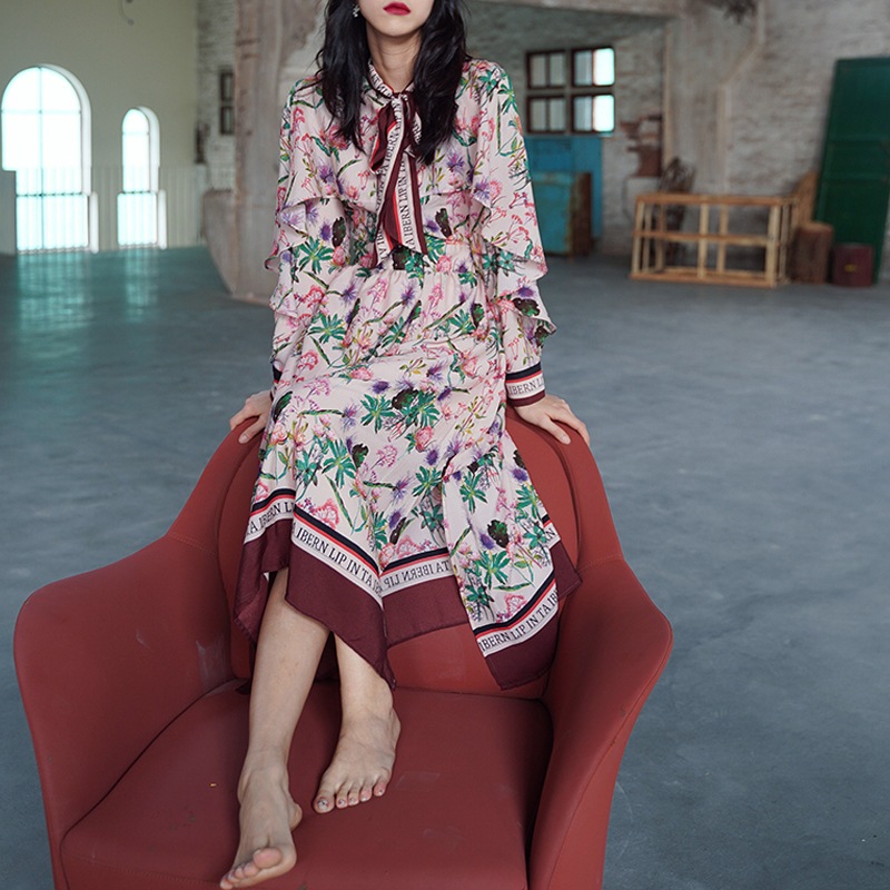 レトロスカーフ 英字プリント 花柄シフォン ロングワンピース 3色 OHCA0065