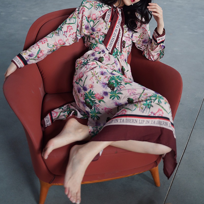 レトロスカーフ 英字プリント 花柄シフォン ロングワンピース 3色 OHCA0065