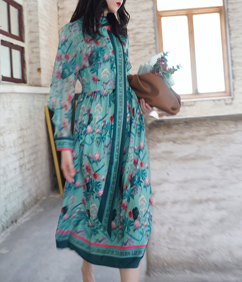 レトロスカーフ 英字プリント 花柄シフォン ロングワンピース 3色 OHCA0065