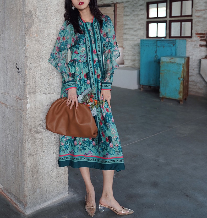 レトロスカーフ 英字プリント 花柄シフォン ロングワンピース 3色 OHCA0065