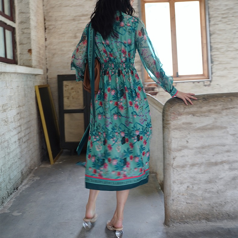 レトロスカーフ 英字プリント 花柄シフォン ロングワンピース 3色 OHCA0065