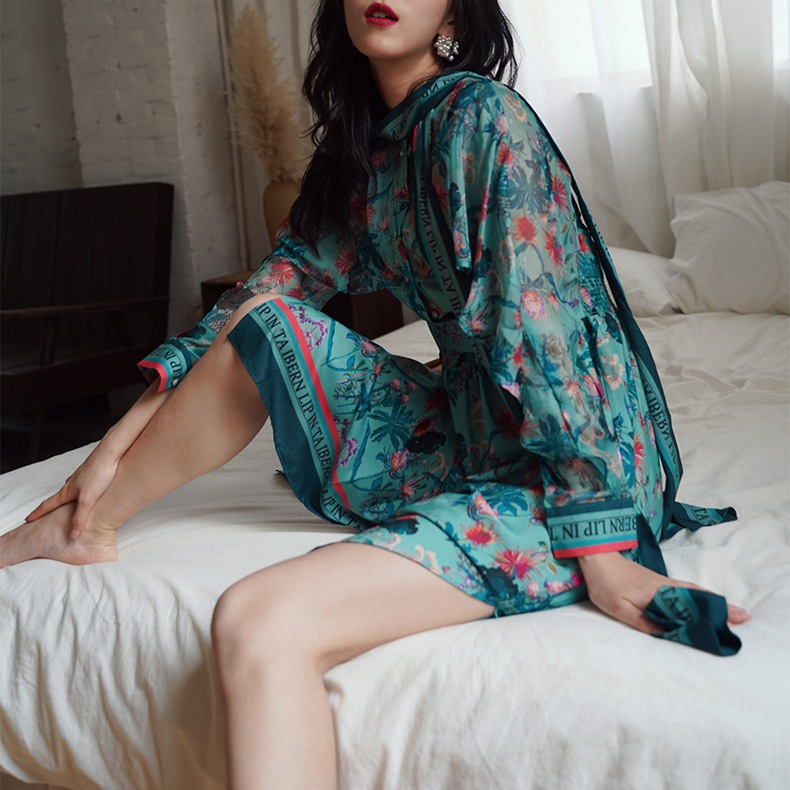 レトロスカーフ 英字プリント 花柄シフォン ロングワンピース 3色 OHCA0065