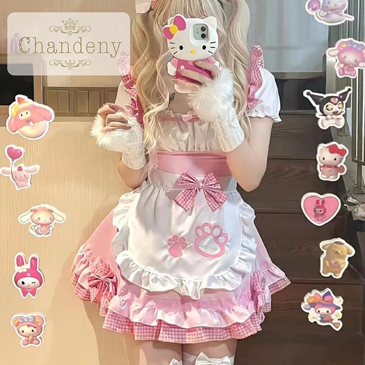 猫風 メイド服 コスプレ衣装 ロリータ レディース コスチューム ネックレス ソックス パニエ ヘッドドレス 5点セット XLサイズ( ピンク, XL)