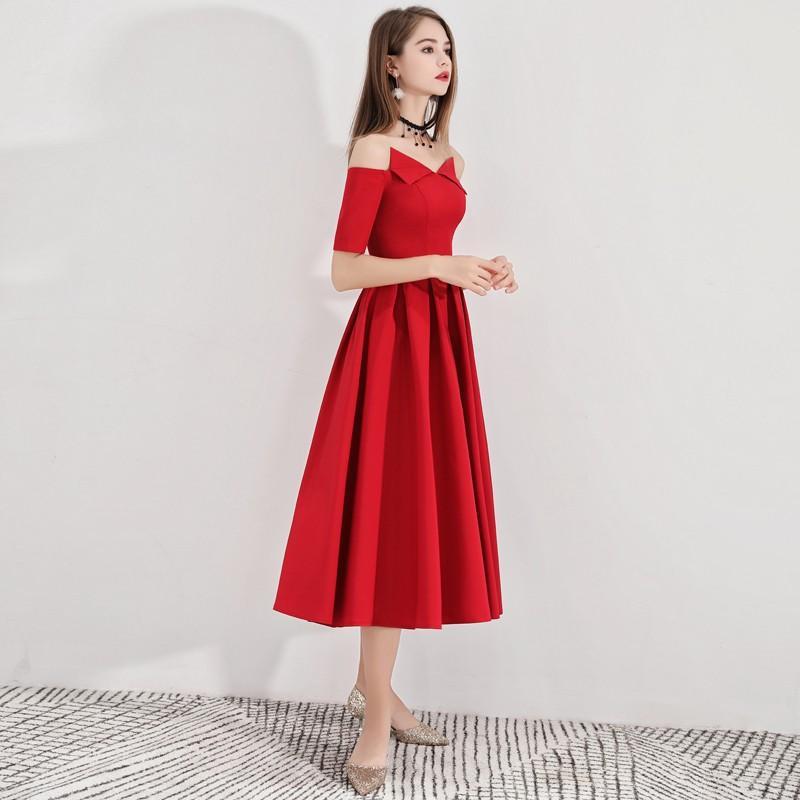 パーティードレス オフショルダー ワンピース ミモレ丈 フォーマル 20代 30代 結婚式 花嫁 着痩せ 二次会 ブライドメイド 大きいサイズ 袖あり 黒 レッド