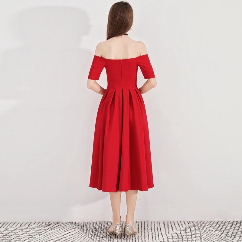 パーティードレス オフショルダー ワンピース ミモレ丈 フォーマル 20代 30代 結婚式 花嫁 着痩せ 二次会 ブライドメイド 大きいサイズ 袖あり 黒 レッド
