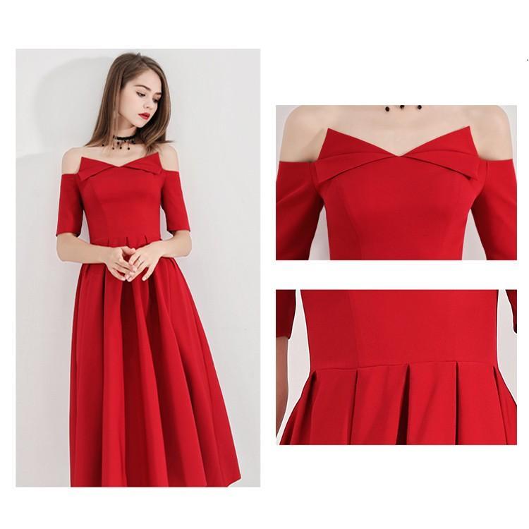 パーティードレス オフショルダー ワンピース ミモレ丈 フォーマル 20代 30代 結婚式 花嫁 着痩せ 二次会 ブライドメイド 大きいサイズ 袖あり 黒 レッド