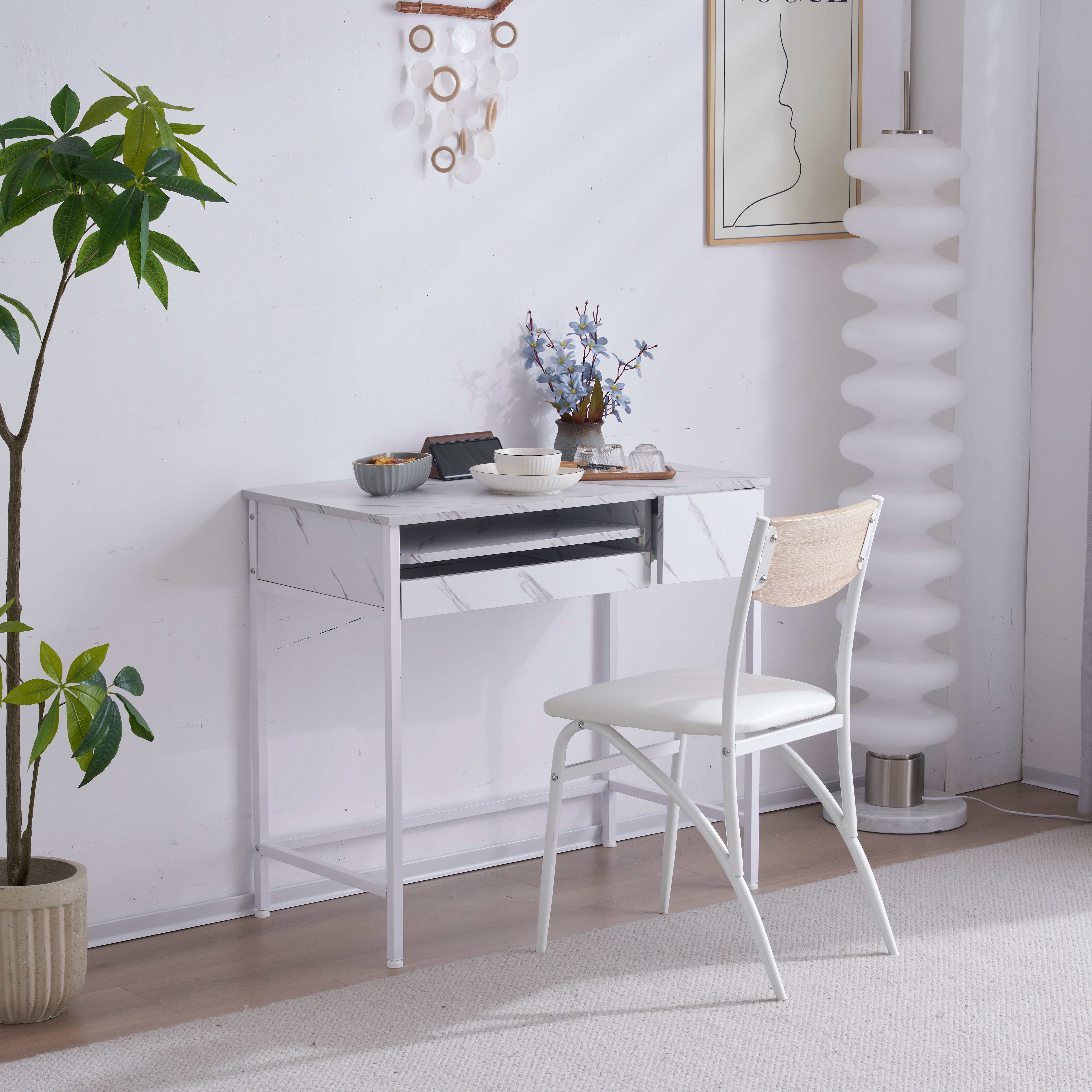 【大好評！最安値挑戦!】パソコンデスク 引き出し付き 収納台 pcデスク 机 大理石柄 おしゃれ キーボード付 ミシン台 学習机 勉強机 新作 China WhiteC605