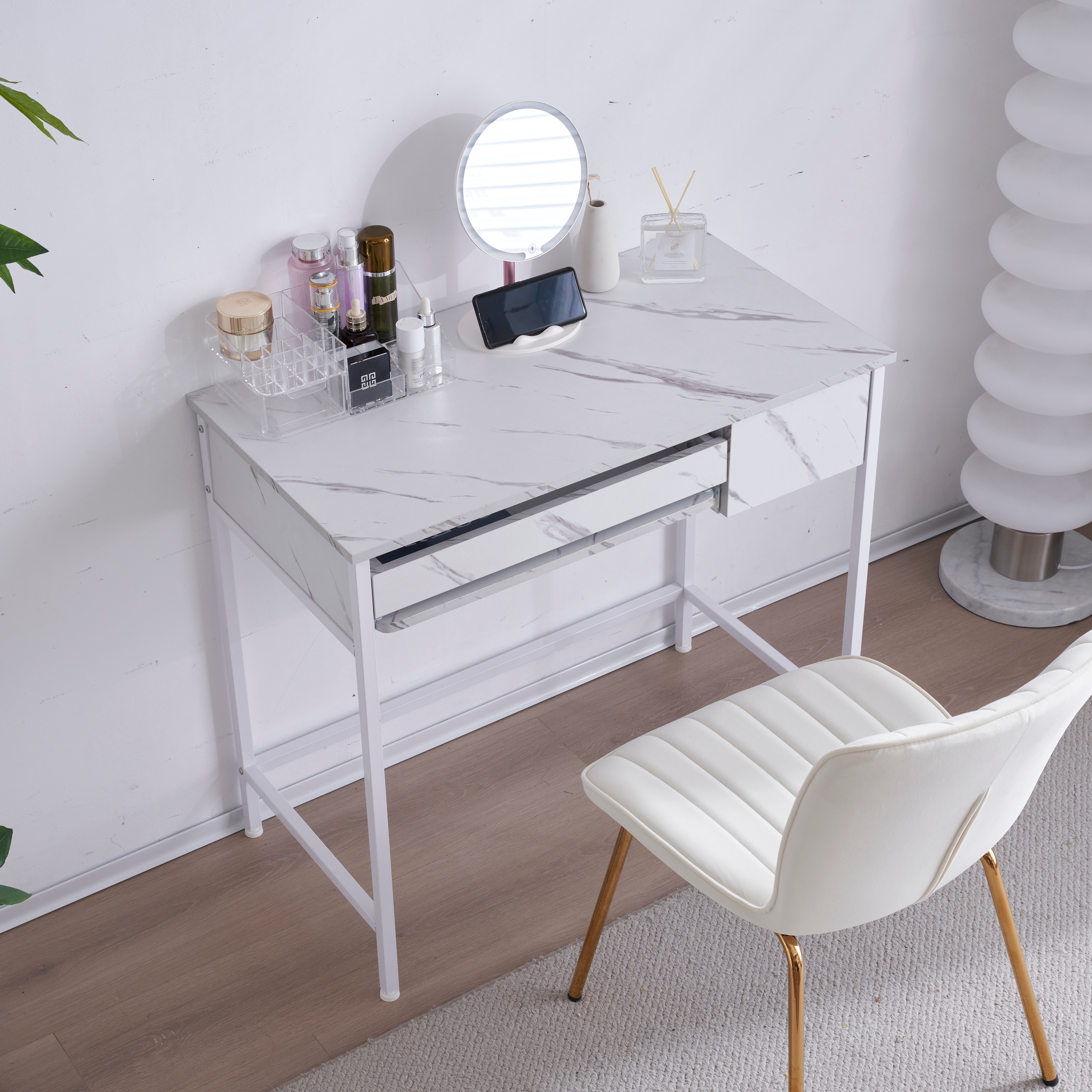 【大好評！最安値挑戦!】パソコンデスク 引き出し付き 収納台 pcデスク 机 大理石柄 おしゃれ キーボード付 ミシン台 学習机 勉強机 新作 China WhiteC605