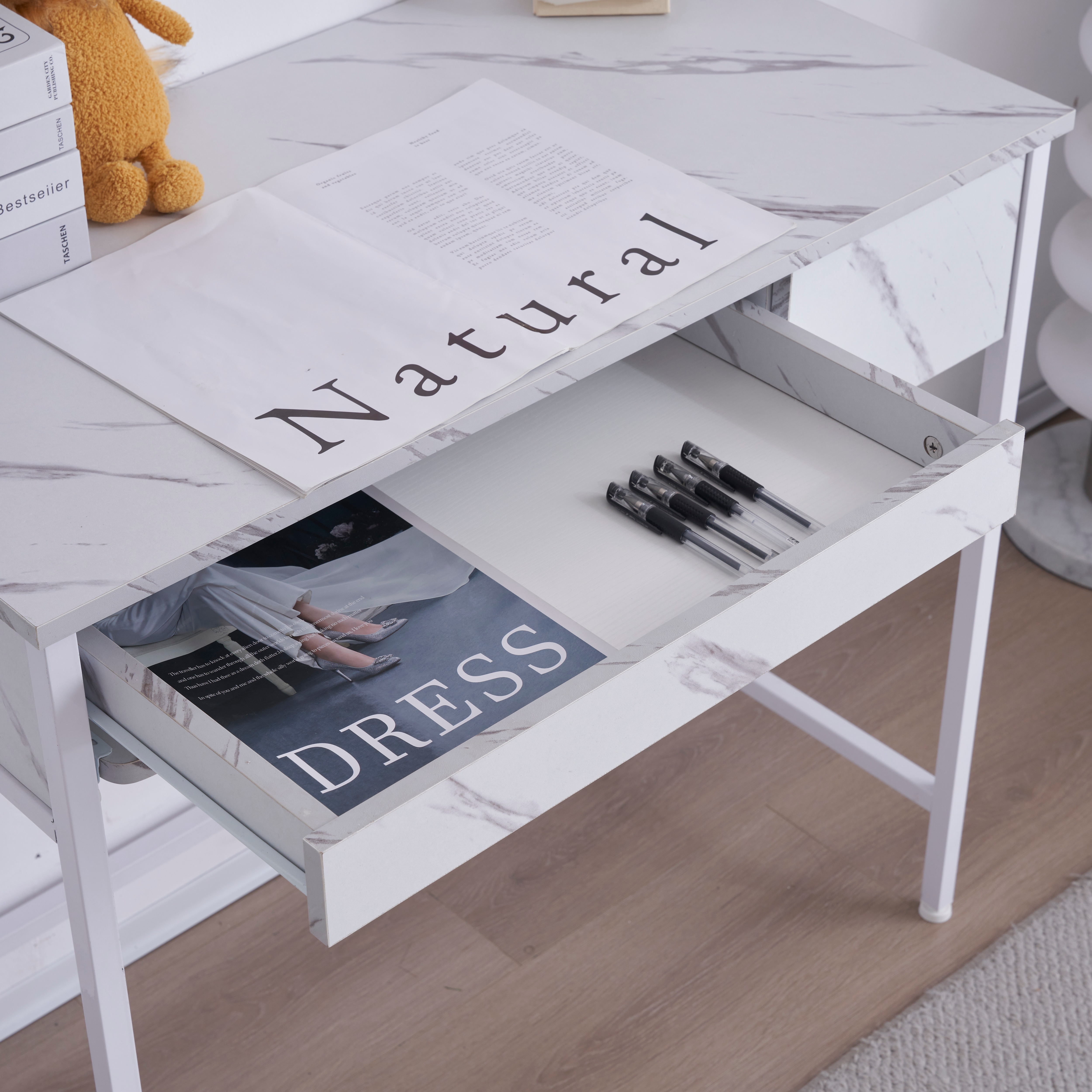 【大好評！最安値挑戦!】パソコンデスク 引き出し付き 収納台 pcデスク 机 大理石柄 おしゃれ キーボード付 ミシン台 学習机 勉強机 新作 China WhiteC605