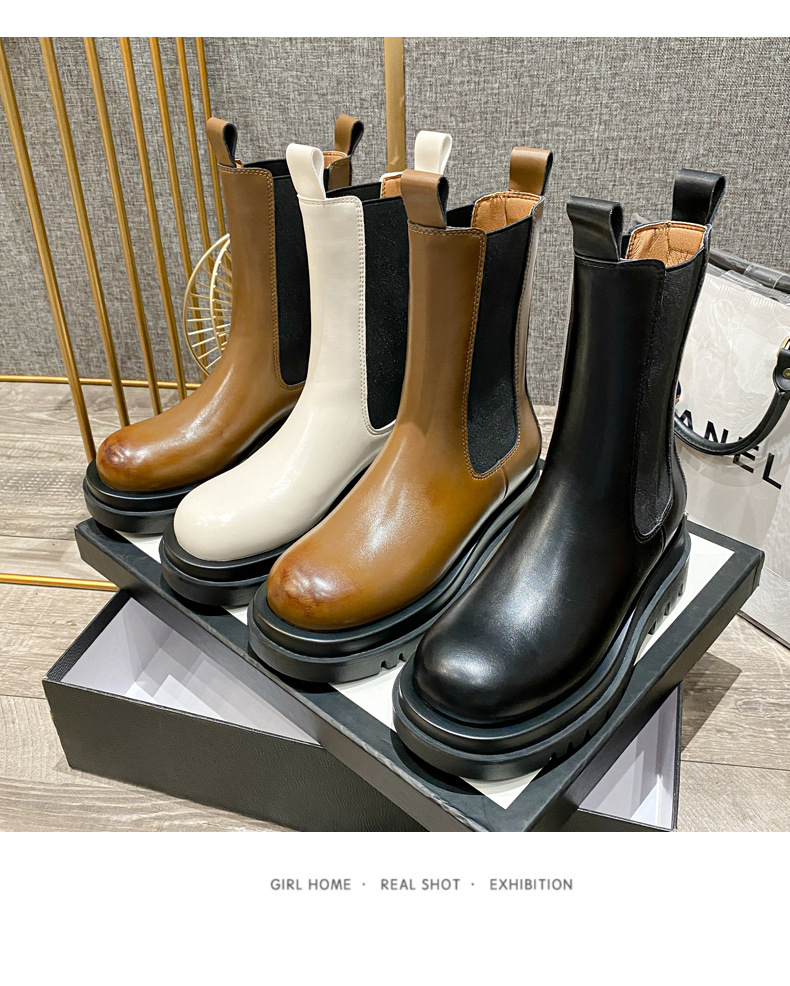 本革の煙突靴女性厚底カバー足ハイカットブーツ平底カジュアル学生靴女性煙管靴