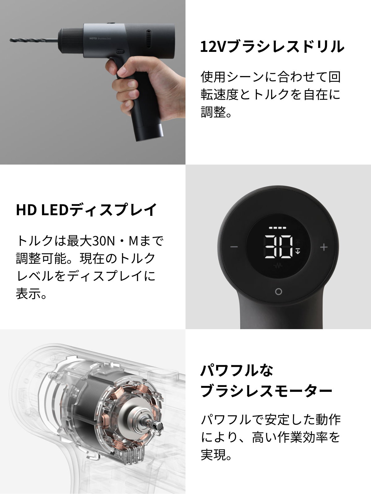 HOTO 12V ブラシレス ドリルドライバー セット 電動式 工具セット LEDディスプレイ ドライバー ビット ネイルハンマー ラジオペンチ モンキーレンチ オートロックメジャー