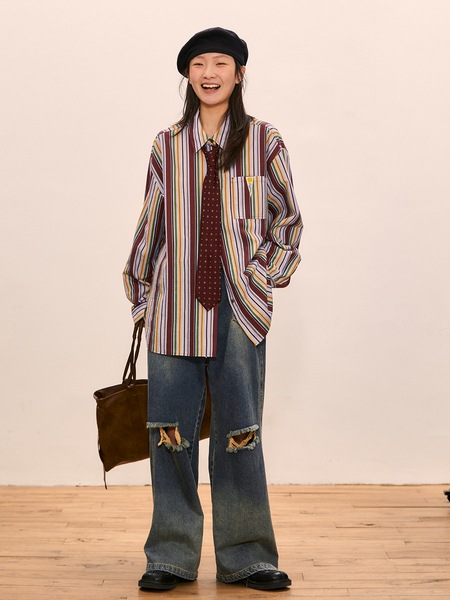 ハイウエスト ストレート リップド ジーンズ