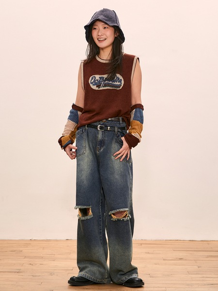 ハイウエスト ストレート リップド ジーンズ