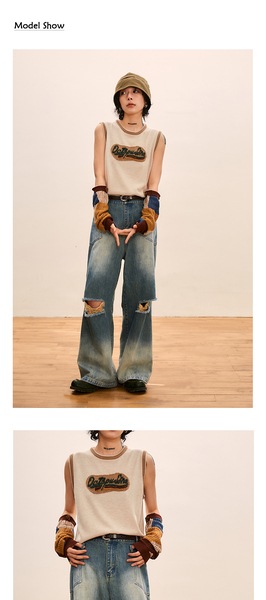 ハイウエスト ストレート リップド ジーンズ