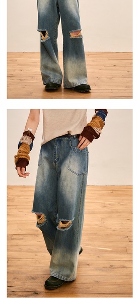 ハイウエスト ストレート リップド ジーンズ