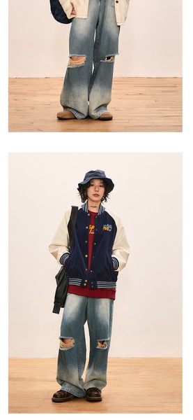 ハイウエスト ストレート リップド ジーンズ