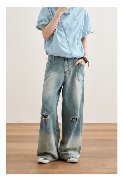 ハイウエスト ストレート リップド ジーンズ