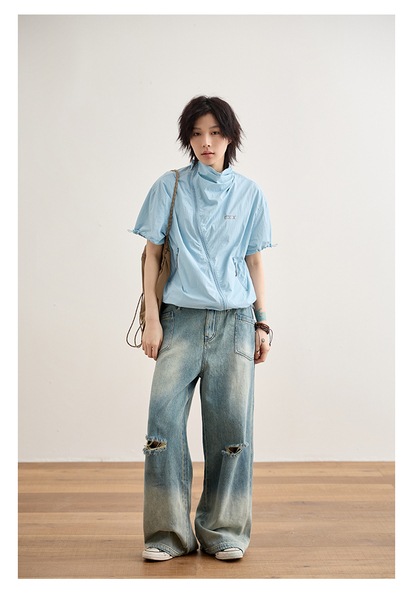 ハイウエスト ストレート リップド ジーンズ