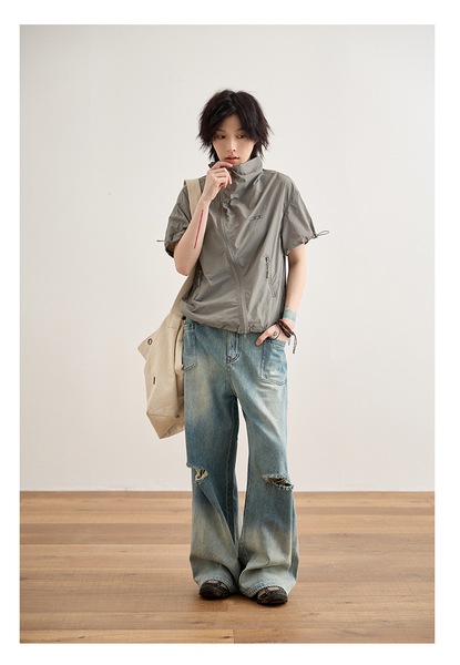 ハイウエスト ストレート リップド ジーンズ