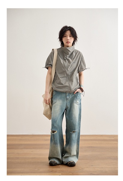 ハイウエスト ストレート リップド ジーンズ