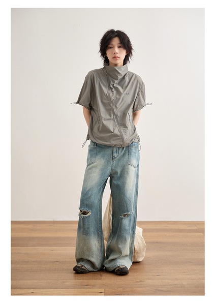 ハイウエスト ストレート リップド ジーンズ