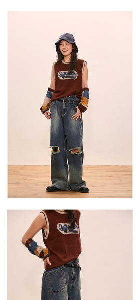 ハイウエスト ストレート リップド ジーンズ