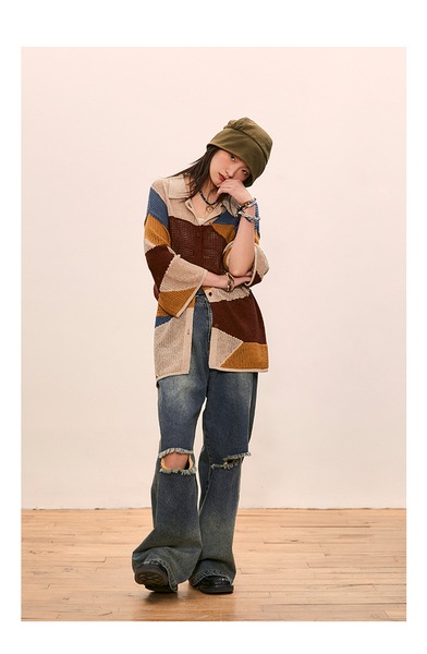 ハイウエスト ストレート リップド ジーンズ