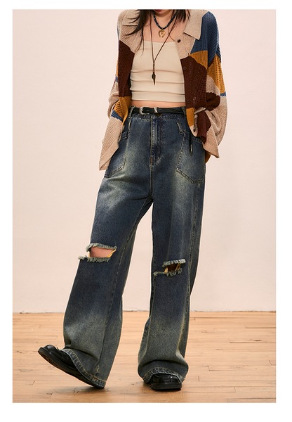 ハイウエスト ストレート リップド ジーンズ