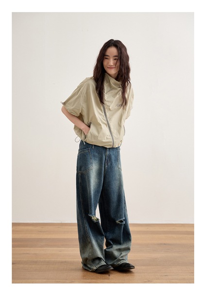 ハイウエスト ストレート リップド ジーンズ