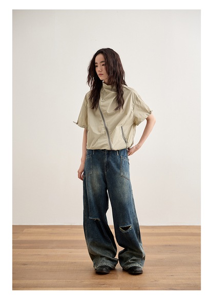 ハイウエスト ストレート リップド ジーンズ