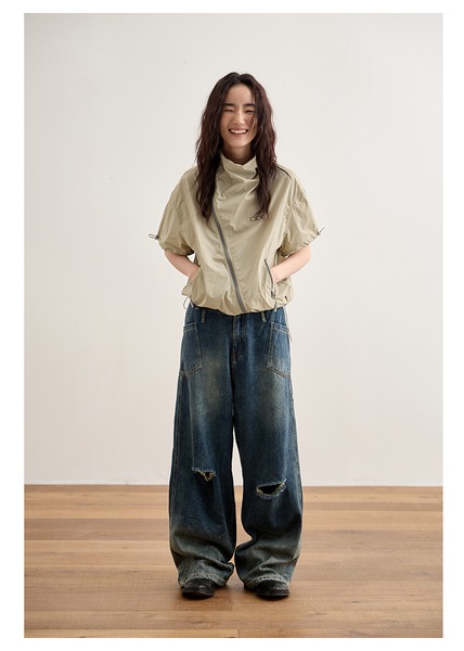 ハイウエスト ストレート リップド ジーンズ