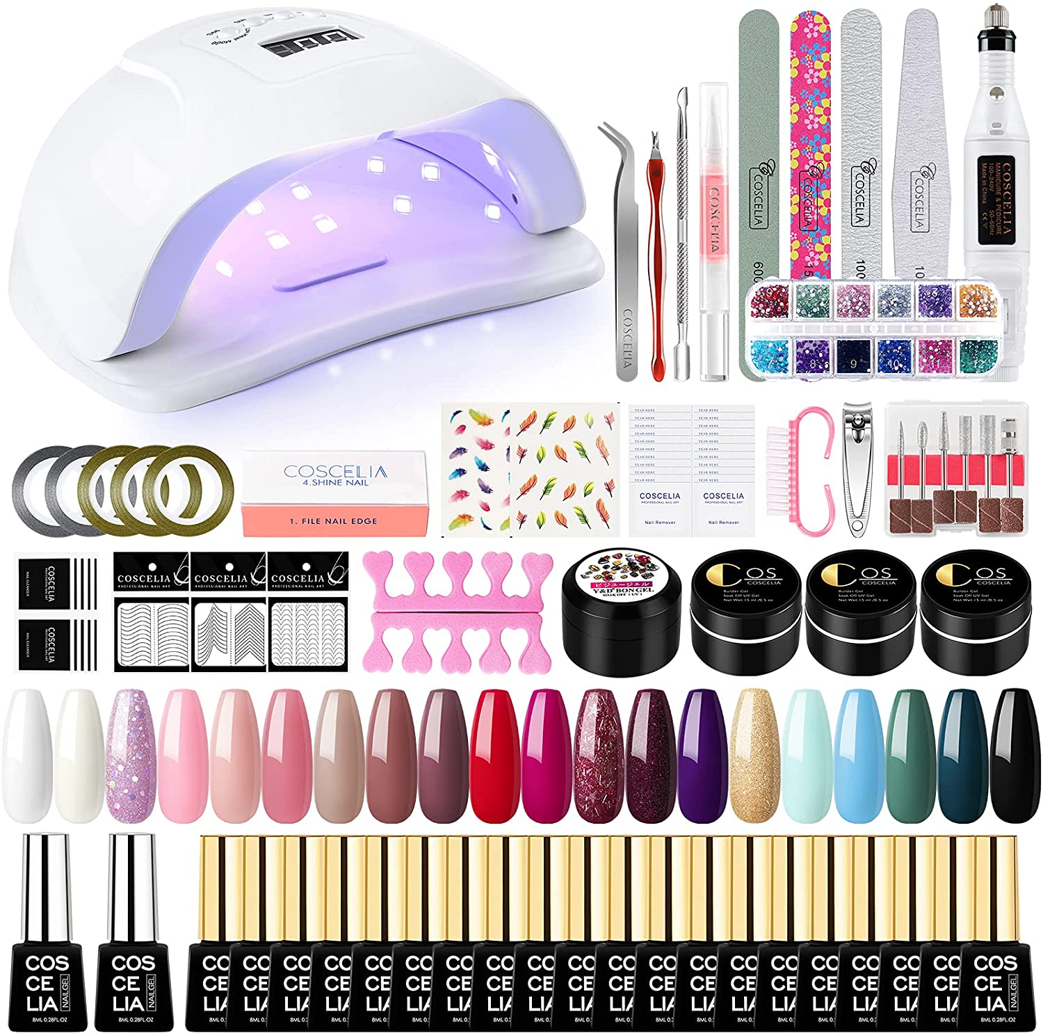 【メガ割 】ラッキーボックス ジェルネイルキット セルフネイル 初心者 LEDライト付き カラージェル 24色 スターターキット化粧ポーチ-大容量