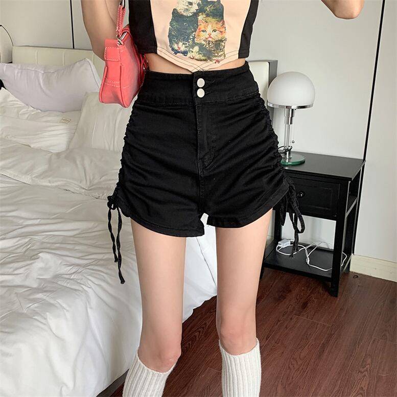 2color レディース シャーリングショートデニムパンツ ボトムス パンツ ショートパンツ デニムパンツ サイドリボン デニムショートパンツ シャーリング ハイウエスト 無地 ブラック ブルー オシ