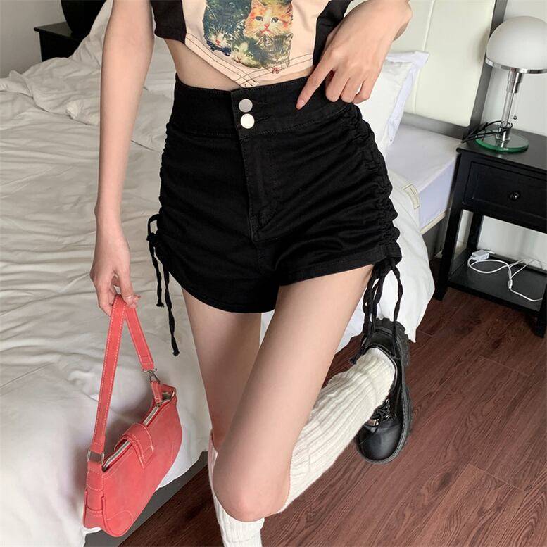 2color レディース シャーリングショートデニムパンツ ボトムス パンツ ショートパンツ デニムパンツ サイドリボン デニムショートパンツ シャーリング ハイウエスト 無地 ブラック ブルー オシ