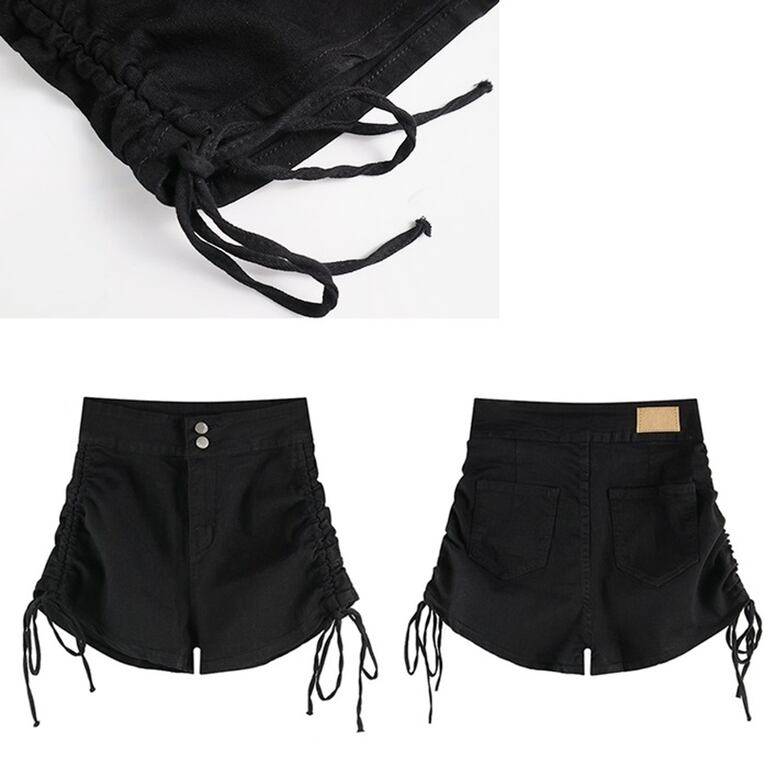 2color レディース シャーリングショートデニムパンツ ボトムス パンツ ショートパンツ デニムパンツ サイドリボン デニムショートパンツ シャーリング ハイウエスト 無地 ブラック ブルー オシ