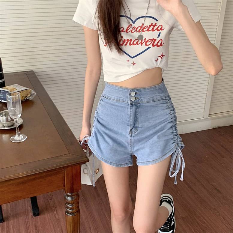 2color レディース シャーリングショートデニムパンツ ボトムス パンツ ショートパンツ デニムパンツ サイドリボン デニムショートパンツ シャーリング ハイウエスト 無地 ブラック ブルー オシ