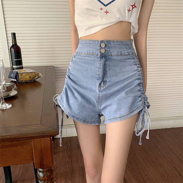 2color レディース シャーリングショートデニムパンツ ボトムス パンツ ショートパンツ デニムパンツ サイドリボン デニムショートパンツ シャーリング ハイウエスト 無地 ブラック ブルー オシ