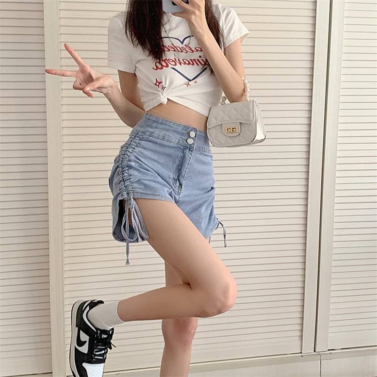 2color レディース シャーリングショートデニムパンツ ボトムス パンツ ショートパンツ デニムパンツ サイドリボン デニムショートパンツ シャーリング ハイウエスト 無地 ブラック ブルー オシ