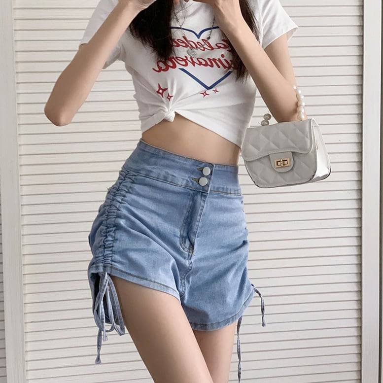 2color レディース シャーリングショートデニムパンツ ボトムス パンツ ショートパンツ デニムパンツ サイドリボン デニムショートパンツ シャーリング ハイウエスト 無地 ブラック ブルー オシ