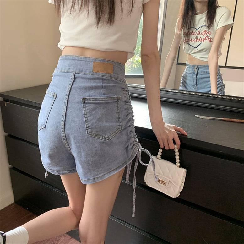 2color レディース シャーリングショートデニムパンツ ボトムス パンツ ショートパンツ デニムパンツ サイドリボン デニムショートパンツ シャーリング ハイウエスト 無地 ブラック ブルー オシ