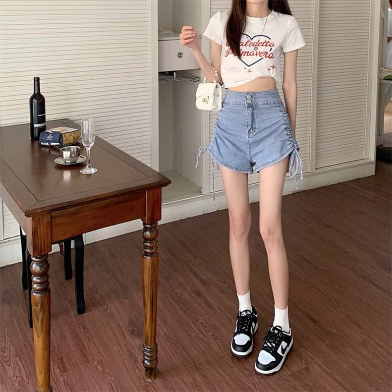 2color レディース シャーリングショートデニムパンツ ボトムス パンツ ショートパンツ デニムパンツ サイドリボン デニムショートパンツ シャーリング ハイウエスト 無地 ブラック ブルー オシ