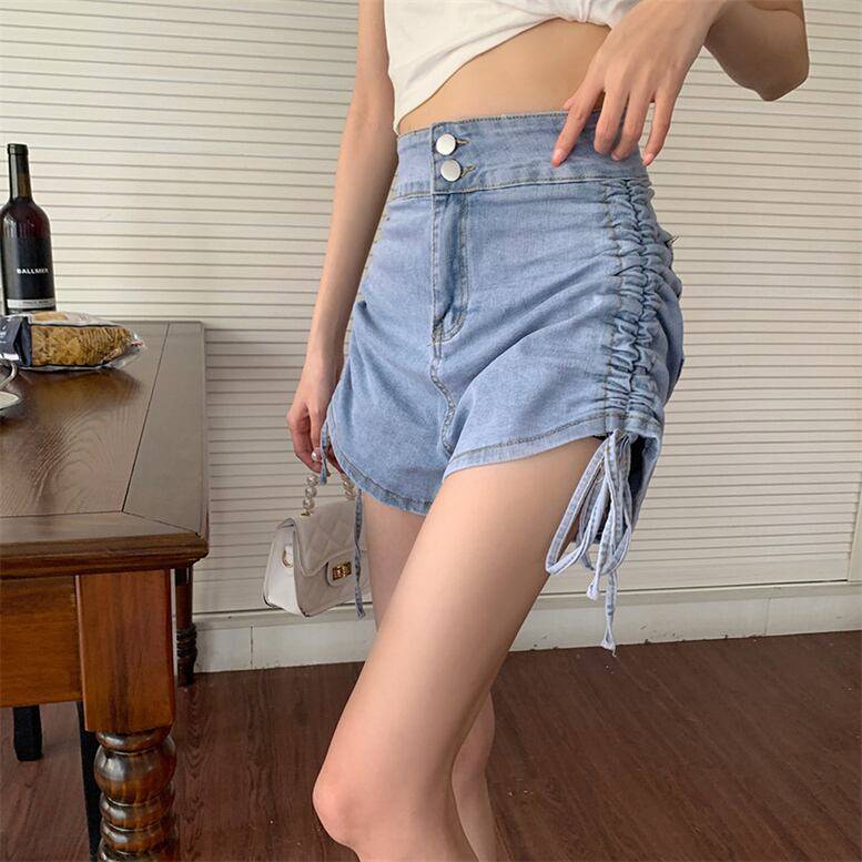 2color レディース シャーリングショートデニムパンツ ボトムス パンツ ショートパンツ デニムパンツ サイドリボン デニムショートパンツ シャーリング ハイウエスト 無地 ブラック ブルー オシ