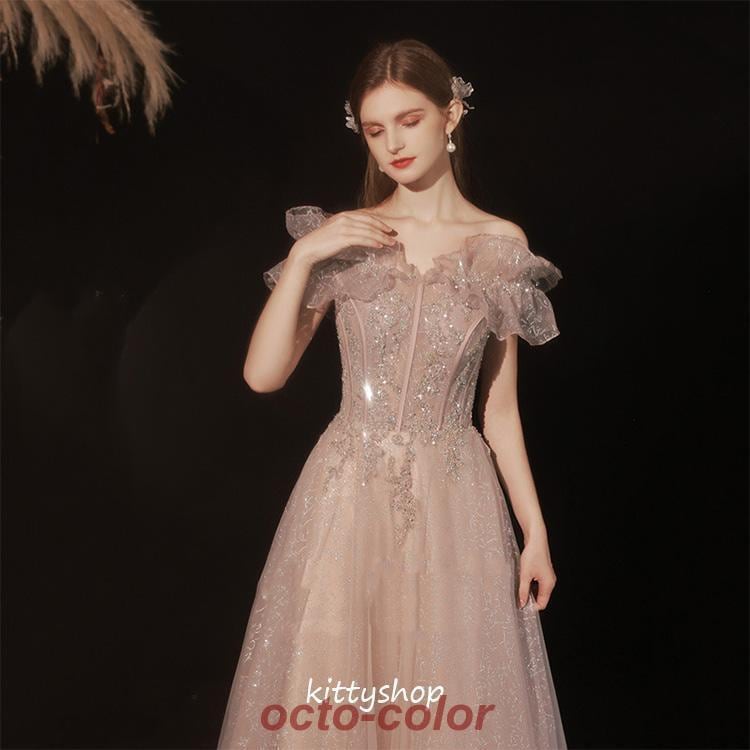 イブニングドレス オフショルダー キラキラ キレイめ ロングドレス ピンク ボートーネック フリル 結婚式ドレス 二次会ドレス Aライン パーティードレス