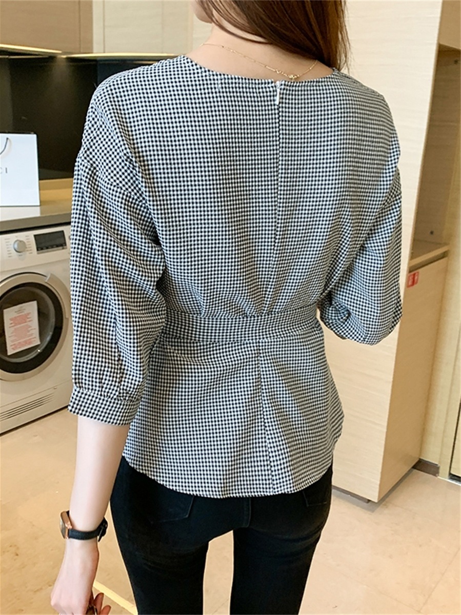 カットソー レディース ５分袖 Vネック ウエストマーク リボン アシンメトリー かわいい 大人可愛い きれいめ 上品 カジュアル ギンガム チェック ママ 学生 デート お出かけ ブラック トップス