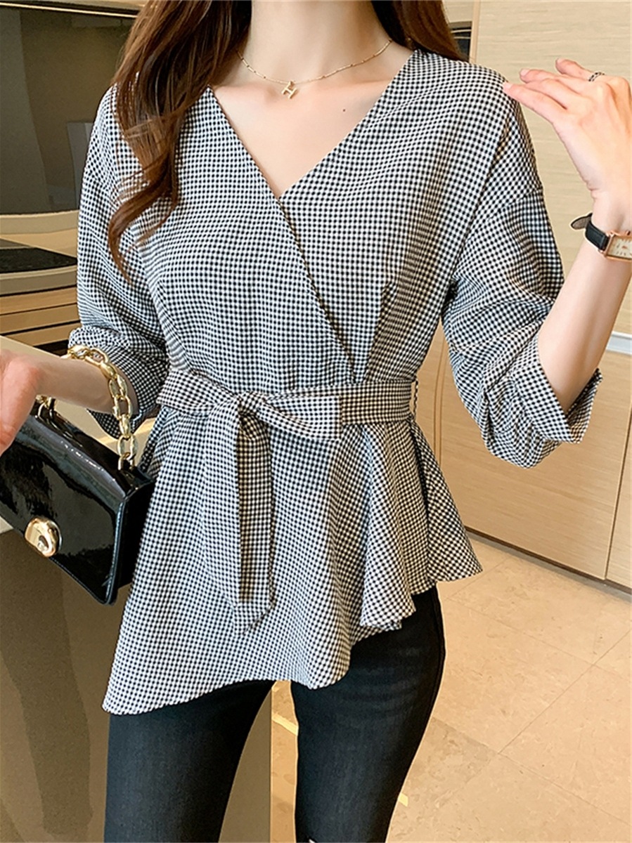 カットソー レディース ５分袖 Vネック ウエストマーク リボン アシンメトリー かわいい 大人可愛い きれいめ 上品 カジュアル ギンガム チェック ママ 学生 デート お出かけ ブラック トップス