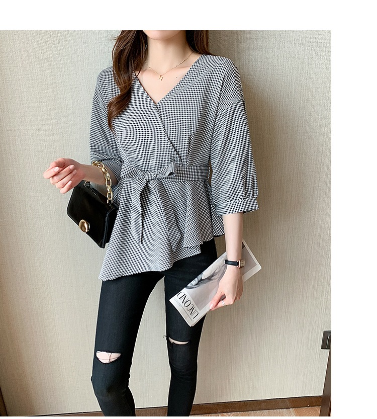 カットソー レディース ５分袖 Vネック ウエストマーク リボン アシンメトリー かわいい 大人可愛い きれいめ 上品 カジュアル ギンガム チェック ママ 学生 デート お出かけ ブラック トップス
