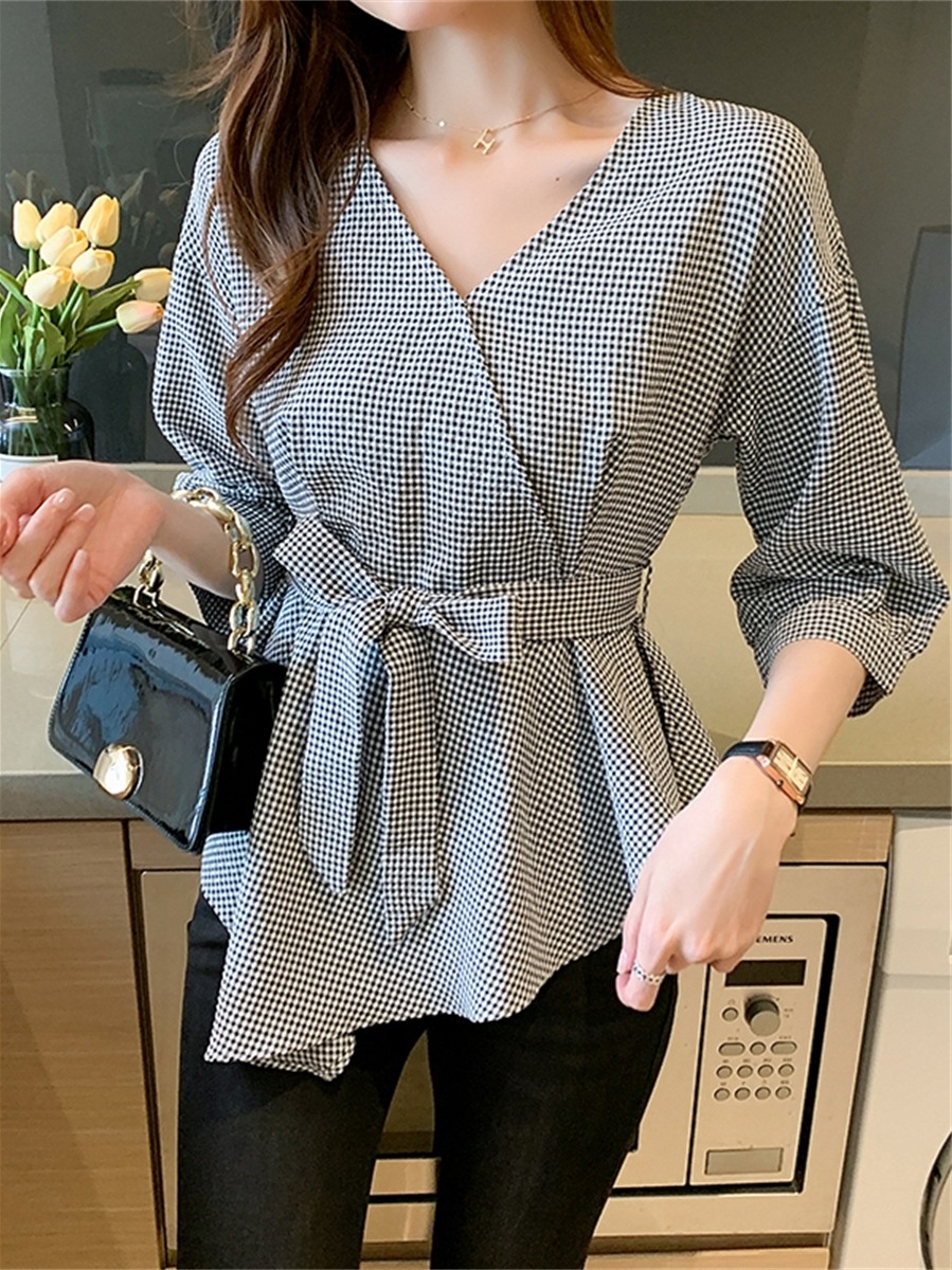 カットソー レディース ５分袖 Vネック ウエストマーク リボン アシンメトリー かわいい 大人可愛い きれいめ 上品 カジュアル ギンガム チェック ママ 学生 デート お出かけ ブラック トップス