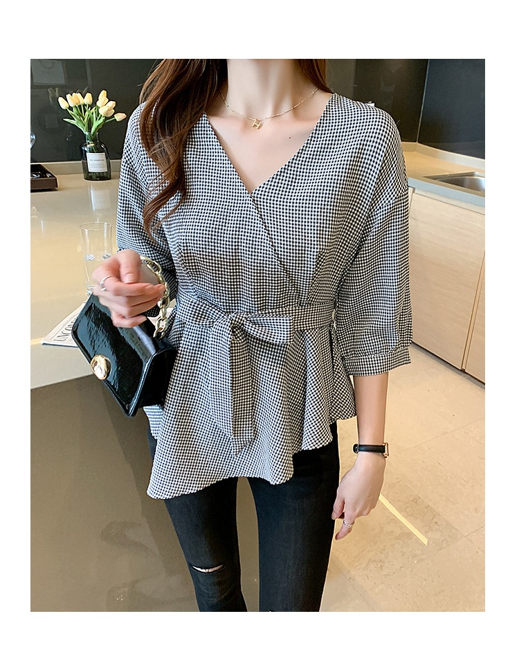 カットソー レディース ５分袖 Vネック ウエストマーク リボン アシンメトリー かわいい 大人可愛い きれいめ 上品 カジュアル ギンガム チェック ママ 学生 デート お出かけ ブラック トップス