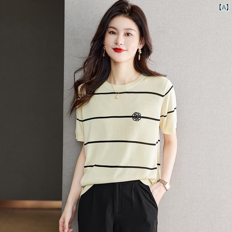 トップス レディース おしゃれ 上品 通勤 オフィス カジュアル ひんやり 快適 半袖 Tシャツ 夏 薄手 涼しい 涼しい ストライプ テンセル セーター